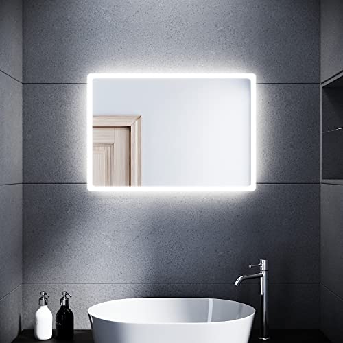SUNXURY Badspiegel Bad mit Beleuchtung 60 x 40cm WandSchalter Lichtspiegel Horizontale und vertikale Aufhängung Kaltes Weiß 6400K CRI>95 von SUNXURY