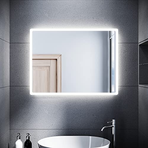SUNXURY Badspiegel Bad mit Beleuchtung 60 x 80cm WandSchalter Lichtspiegel Horizontale und vertikale Aufhängung Kaltweiße 6400K CRI>95 von SUNXURY