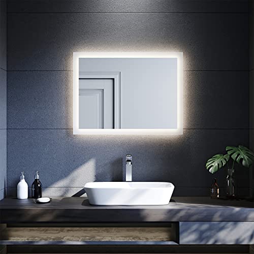 SUNXURY Badspiegel Bad mit Beleuchtung 80 x 60cm LED Spiegel warmweiß Spiegel mit Beleuchtung WandSchalter Lichtspiegel Badezimmerspiegel 4000K IP44 Energiesparend von SUNXURY