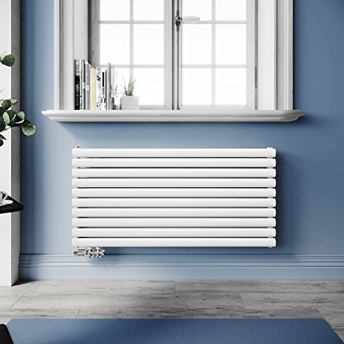 SUNXURY Design Heizkörper Röhrenheizkörper 593x1200mm Horizontal Doppellagig Heizkoerper mit Chrom Multiblock Seitenanschluss Weiß Badheizkörper von SUNXURY