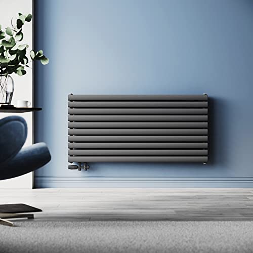 SUNXURY Design Heizkörper Röhrenheizkörper 593x1200mm Horizontal Doppellagig Heizkoerper mit Multiblock Seitenanschluss Anthrazit Badheizkörper von SUNXURY