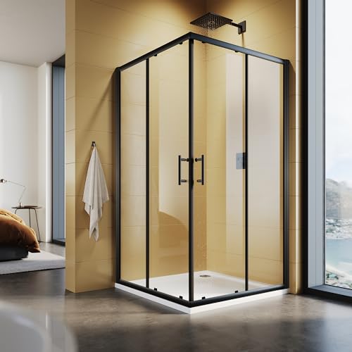 SUNXURY Duschkabine 120x120x195cm Eckeinstieg mit Doppel Schiebetüren Schwarz Rahmen 5 mm Sicherheitsglas (ESG) Klar Montage auf Duschwanne oder Fliese von SUNXURY