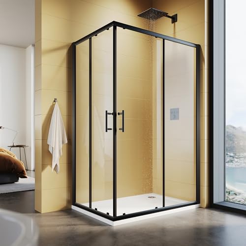 SUNXURY Duschkabine 90x120x195cm Eckeinstieg mit Doppel Schiebetüren Schwarz Rahmen 5 mm Sicherheitsglas (ESG) Klar Montage auf Duschwanne oder Fliese von SUNXURY