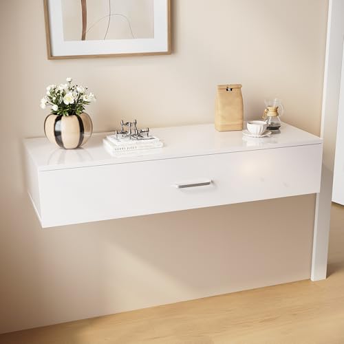 SUNXURY Hängeschrank 1000 x 380mm Holz Hängend Schreibtisch Arbeitstisch Schminktisch Wandhängend mit Schublade Weiß Hochglanz von SUNXURY
