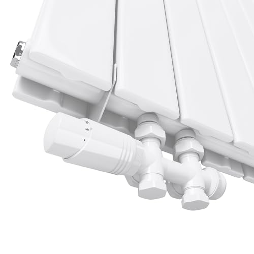 SUNXURY Hahnblock Heizkörper Set für Badheizkörper Eckform Heizungszubehör inkl. Multiblock mit Thermostatkopf Weiß von SUNXURY