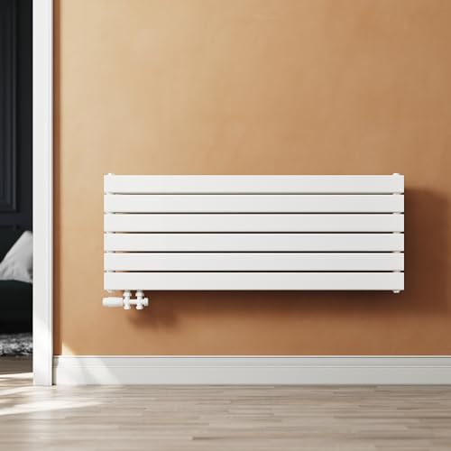SUNXURY Heizkörper Design Paneelheizkörper 465x1200mm Horizontal Doppellagig Heizkoerper mit Weiß Multiblock Seitenanschluss Weiß Badheizkörper von SUNXURY