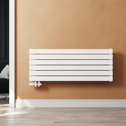 SUNXURY Heizkörper Design Paneelheizkörper 465x1200mm Horizontal Einlagig Heizkoerper mit Weiß Multiblock Seitenanschluss Weiß Badheizkörper von SUNXURY