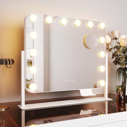 SUNXURY Hollywood Schminkspiegel, 360°drehbarer Schminktisch Spiegel mit 3 Lichtmodi und 14 Licht Dimmbar, mit Handyhalter und USB, 10X Vergrößerung, Smart Touch Steuerung 50x40cm von SUNXURY