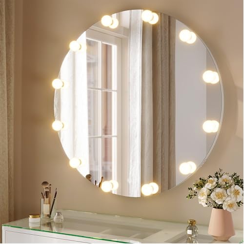 SUNXURY Hollywood Schminkspiegel, 80cm Kosmetikspiegel Runder mit 12 Glühbirnen, 3 Litch Modi Dimmbar, mit Touchschalter und Steckdose, Wandmontage oder Tischaufstellung (Standfuß+kippsicher) von SUNXURY