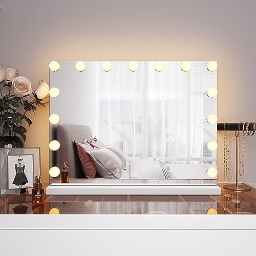 SUNXURY Hollywood Spiegel mit Beleuchtung, Schminkspiegel mit 3 Farbumbauten und Speicherfunktion, Tischspiegel mit 15 Dimmbare LED- Leuchten Kosmetikspiegel Hollywood-Stil 58 x 45.5 cm von SUNXURY