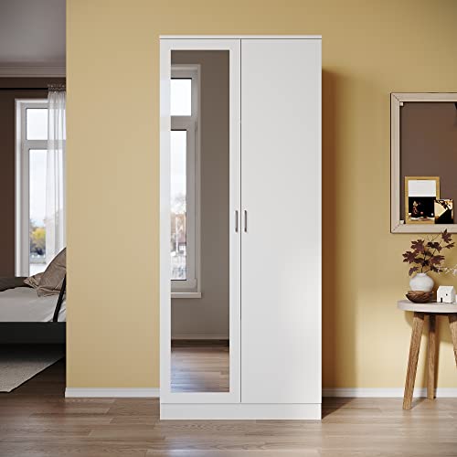 SUNXURY Kleiderschrank mit Spiegel Vielseitiger Drehtürenschrank Kleiderbügel 1 Schubladen für das Schlafzimmer Wohnzimmer 180 x 76 x 47cm Weiß von SUNXURY