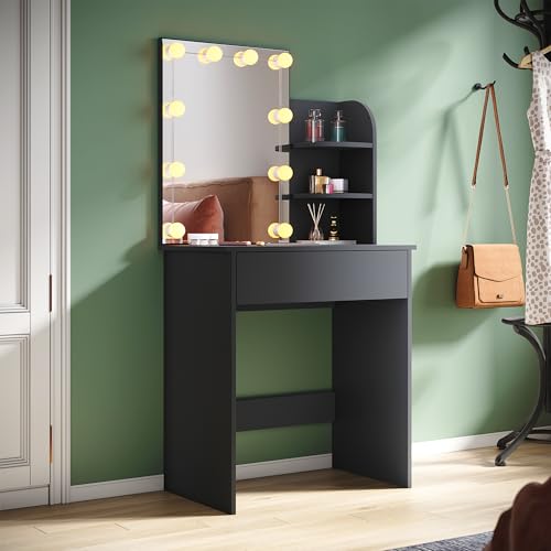 SUNXURY Kleine Schminktisch Schwarz mit Hollywood-Lichtern Viel Stauraum Frisiertisch für mädchen Kann als Schminktisch oder Arbeitstisch verwendet Werden 70x40x140cm von SUNXURY