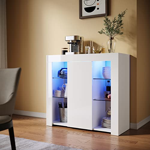 SUNXURY Kommode Küchenschrank Sideboard mit LED Beleuchtung Weiß Hochglanz Wohnzimmermöbel Wohnzimmerschrank Standschrank Design für Küche Schlafzimmer B90 x T35 x H83 cm von SUNXURY