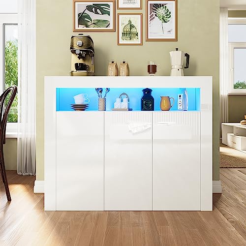 SUNXURY Kommode Weiß Hochglanz, Küchenschrank Sideboard mit LED 3 Türen Griffloses Design für Küche Flur Schlafzimmer 116x93x35cm(B/H/T) von SUNXURY