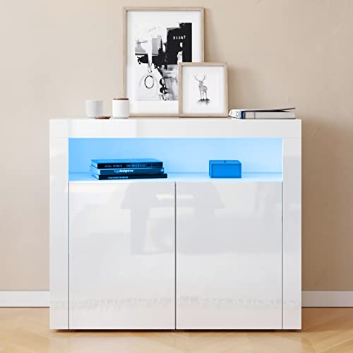 SUNXURY Kommode Weiß Hochglanz,Küchenschrank Sideboard mit LED 2 Türen Griffloses Design für Küche Flur Schlafzimmer 108x92x40cm(B/H/T) von SUNXURY