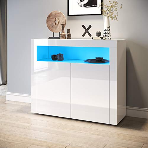 SUNXURY Küchenschrank Sideboard Weiss Hochglanz,2 Türen Griffloses Design Kommode mit LED für Flur Schlafzimmer Küche 108x92x40cm(B/H/T) von SUNXURY