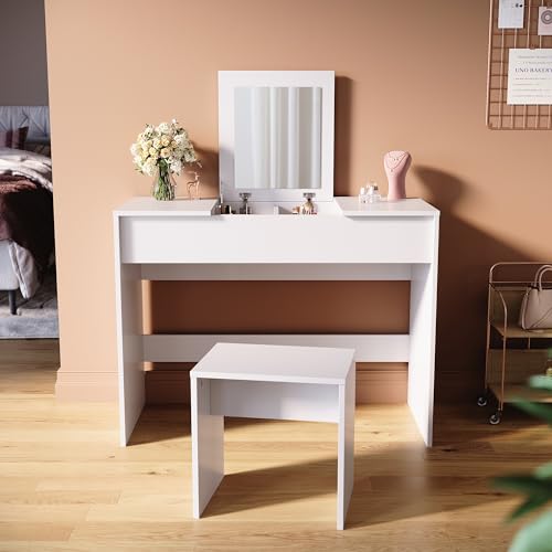 SUNXURY Schminktisch, Frisiertisch mit Klappspiegel, mit Hocker und Spiegel, Schminktisch und Schreibtisch 2 in 1 Design weiß 100x45x76cm von SUNXURY