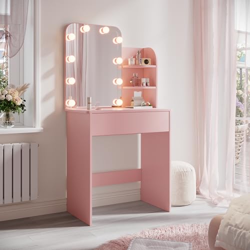 SUNXURY Schminktisch Kinder mit LED-Beleuchtung Frisiertisch mit Spiegel und Schublade für Mädchen Prinzessin Frisiertisch Frisierkommode (Rosa) 700x400x1400 mm von SUNXURY