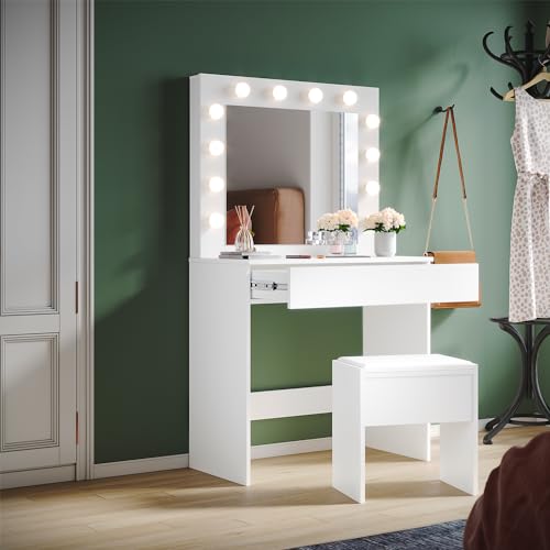 SUNXURY Schminktisch mit Beleuchtung Spiegel und Hocker Modern Frisiertisch mit 1 Schubladen Kosmetiktisch mit Spiegel Schlafzimmermöbel für Mädchen 140 x 40 x 80cm Weiß von SUNXURY