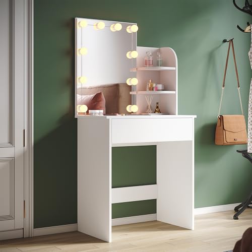SUNXURY Kleine Schminktisch mit Hollywood-Lichtern Viel Stauraum Frisiertisch für mädchen Kann als Schminktisch oder Arbeitstisch verwendet Werden 70x40x140cm (Weiß) von SUNXURY