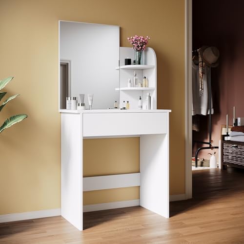 SUNXURY Schminktisch mit Spiegel Kleine Kosmetiktisch mit 1 Schubladen und 3 offenen Fächern 70x40x140cm Frisiertisch Kinderleichte Montage Frisierkommode Weiß SUNXURY Schminktisch mit Spiegel Kleine Kosmetiktisch mit 1 Schubladen und 3 offenen Fächern 70x40x140cm Frisiertisch Kinderleichte Montage Frisierkommode Weiß von SUNXURY