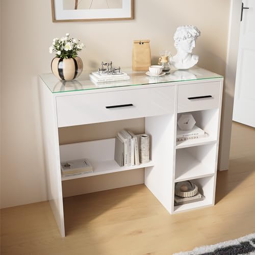 SUNXURY Schreibtische 900x400mm mit Schublade Weiß Hochglanz Schminktisch mit Stauraum Moderner Bürotisch, Arbeitstisch, PC-Tisch, Schreibtisch für Schlafzimmer und Homeoffice von SUNXURY