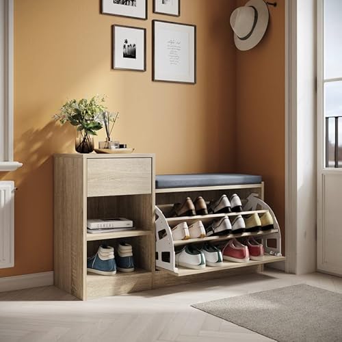 SUNXURY Schuhschrank Schuhbank mit Sitzfläche Schuhregal mit Stauraum Sitzbank Stauraum Verstellbarer Schuhschrank mit 3 Klappen 94,5 x 30 x 57cm von SUNXURY