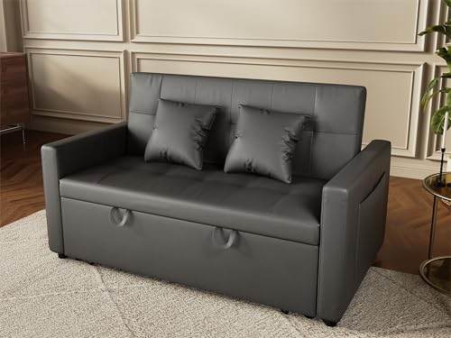 SUNXURY Sofa 140x94cm mit schlaffunktion, modernen Klein Schlafsofa Dunkelgrau, Bettsofa 2 Sitzer mit Kissen, Rückenlehnenwinkel verstellbar (100°-135°-180°), Superfaser Kunstleder von SUNXURY