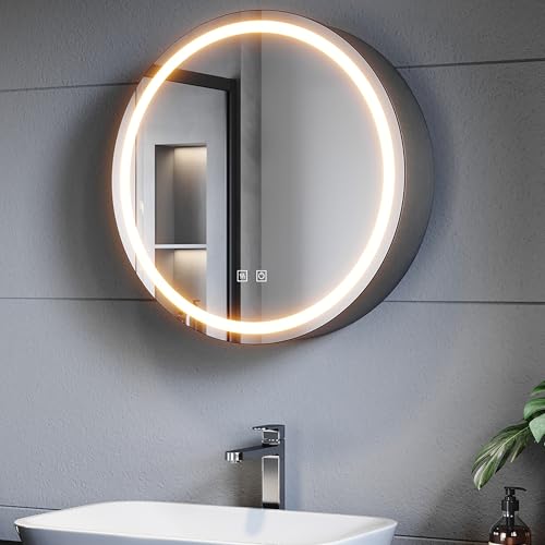 SUNXURY Spiegelschrank Bad mit Beleuchtung, Led Metallspiegelschrank Schwarz mit Touch-Schalter, 3 Lichtfarbe Einstellbare, Beschlagfrei, φ 60cm Rund von SUNXURY