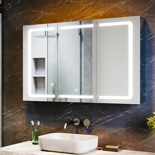 SUNXURY Spiegelschrank mit Beleuchtung, 105 x 65 cm einstellbare DREI Lichtfarben, Badspiegelschrank für das Badezimmer wasserdicht Edelstahl Spiegelschrank mit Steckdose und Touch von SUNXURY