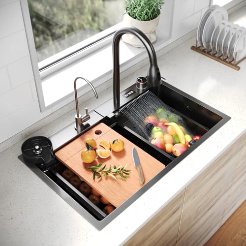 SUNXURY Spülbecken Einbauspüle Küchenspüle Waschbecken Küche Edelstahl 75 x 45 x 23 cm, Waterfall Spüle Küche Schwarz mit Temperaturanzeige und Abtropffläche von SUNXURY
