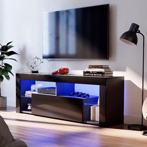 SUNXURY TV Board Schwarz TV Lowboard mit LED-Leuchten Fernsehschrank Fernsehtisch mit Glasregal Sideboard Schrank TV Möbel Tisch Board (BxTxH) 140 x 35 x 50,5 cm von SUNXURY