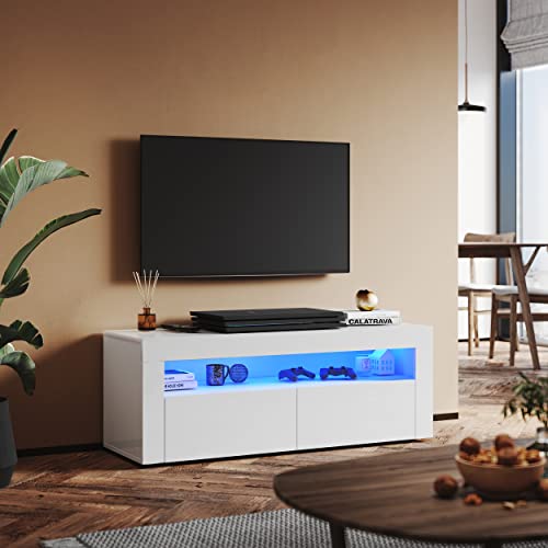 SUNXURY TV Board Weiss Hochglanz Hängend mit RGB LED-Beleuchtung Schubladen 120 x 40 x 45 cm(B/T/H) Wohnzimmer Modern Holz klein von SUNXURY