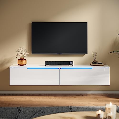 SUNXURY TV Board hängend Weiß mit LED-Beleuchtung 160x35x30cm Lowboard Hängeschrank Fernsehschrank mit Türen und Klappe Fernsehtisch Sideboard von SUNXURY