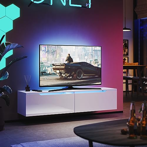 SUNXURY TV Board hängend Weiß mit LED-Beleuchtung 180x35x30cm Lowboard Hängeschrank Fernsehschrank mit Türen und Klappe Fernsehtisch Sideboard von SUNXURY