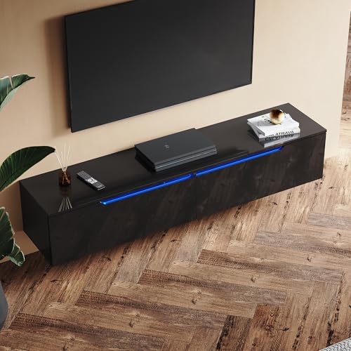 SUNXURY TV Board hängend mit LED-Beleuchtung 160x35x30cm Lowboard Hängeschrank Fernsehschrank mit Türen und Klappe Fernsehtisch Sideboard Schwarz Holz von SUNXURY