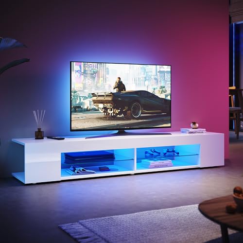 SUNXURY TV Board mit LED-Beleuchtung Fernsehtisch mit 5 mm Glasablage 180(B) x 39(T) x 30(H) cm TV Schrank Fernsehschrank TV lowboard weiß Hochglanz von SUNXURY