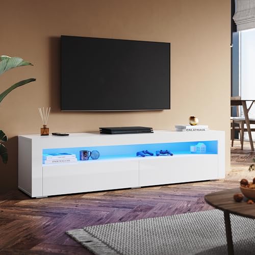 SUNXURY TV Board weiß mit LED-Beleuchtung Fernsehtisch 180(B) x 40(T) x 45(H) cm TV Schrank Fernsehschrank TV lowboard weiß Hochglanz von SUNXURY