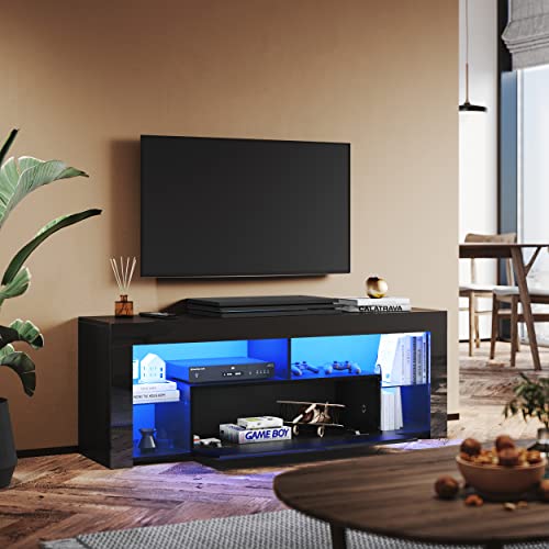 SUNXURY TV Lowboard Schwarz 140cm mit 12 Led Farben Beleuchtung TV Board Hängend Glasböden Hochglanz 140 x 35 x 50,5 cm von SUNXURY