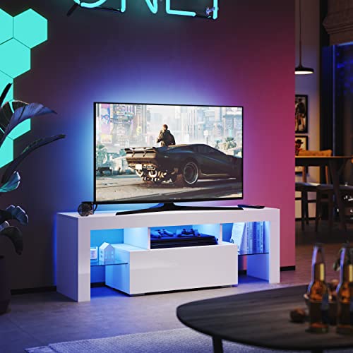 SUNXURY TV Lowboard Weiss Hochglanz mit RGB LED-Beleuchtung und 2 Glasablage TV-Ständers Fernsehschrank 130x35x45cm von SUNXURY