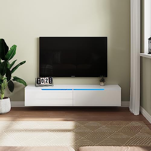 SUNXURY TV Schrank Weiss TV Lowboard Hängend mit LED-Leuchten, TV Schrank Hochglanz Weiß Griffloses Design 160 x 35 x 30 cm Holz Wohnzimmer von SUNXURY