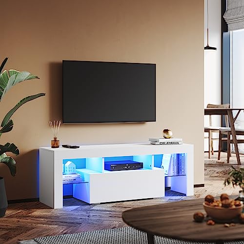 SUNXURY TV Schrank mit LED Beleuchtung TV Board Weiss Lowboard mit Glasregal Fernsehtisch 130 x 45 x 35 cm (B/H/T) von SUNXURY