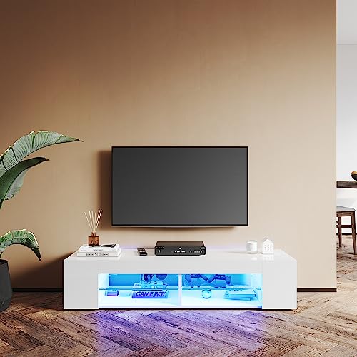 SUNXURY TV Schrank mit LED Beleuchtung Weiß Hochglanz Holz 135 x 39 x 30 cm(B/T/H) Breit Wohnzimmer von SUNXURY
