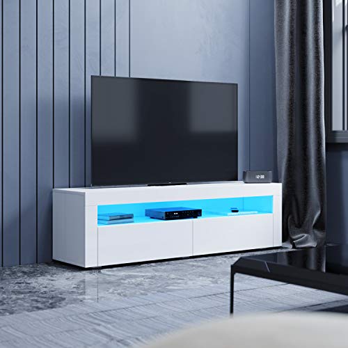 SUNXURY TV Schrank mit LED-Leuchten Lowboard Hochglanz Fernsehschrank Fernsehtisch Sideboard TV Möbel Tisch Board mit Schubladen Holz 155 x 40 x 45 cm von SUNXURY