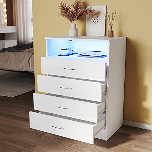 SUNXURY Weiß Kommode 60cm Mit einstellbarem LED-Farbstreifen, 4 Schubladen mit Metallgriffen, 1 offener Schubladen, Hochglanz Möbel Schränke, für Schlafzimmer und im Flur 60 x 83 x 40cm von SUNXURY