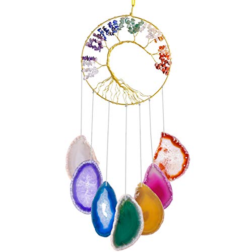FENRIR SUNYIK Tree of Life Agate Slice Wind Chime, Handmade 7 Chakra Stone Healing Crystal Windchime for Indoor Outdoor Decoration Ornament von SUNYIK
