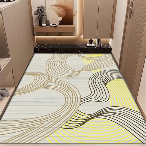 SUNYRDSM Kinderteppich Waschbar waschbare Grau-gelbes Kurven-Linien-Design foür Whnzimmer, Esszimmer 90X200CM von SUNYRDSM
