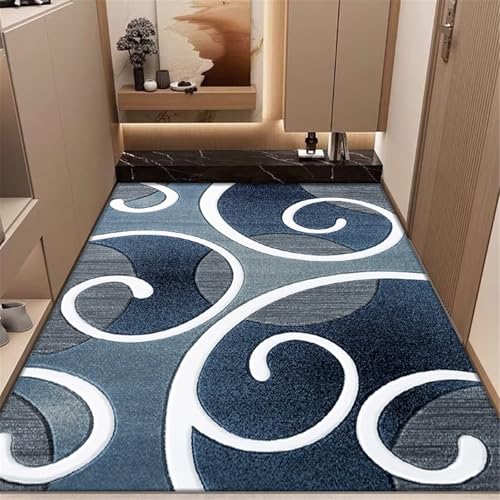 SUNYRDSM Küchenteppich waschbar rutschfest waschbar Grau-blaues Blumen-Linien-Design Kleiner für Wohnzimmer 60X100CM von SUNYRDSM
