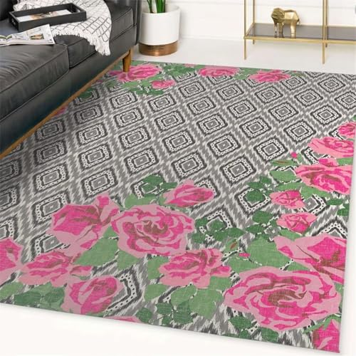 SUNYRDSM Matte Kinderzimmer Deko Schlafzimmer 60X100CM Modernes graues geometrisches Design rotes Blumenmuster mit grünen Blättern Kinder Teppiche Junge von SUNYRDSM