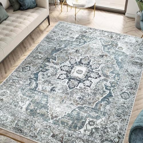 SUNYRDSM Vorzimmer Teppich Deko Schlafzimmer 80X160CM Traditioneller Retro-Stil Grau-Blauer botanischer Druck Pflegeleicht Waschbar Kinderzimmer Teppiche Mädchen von SUNYRDSM